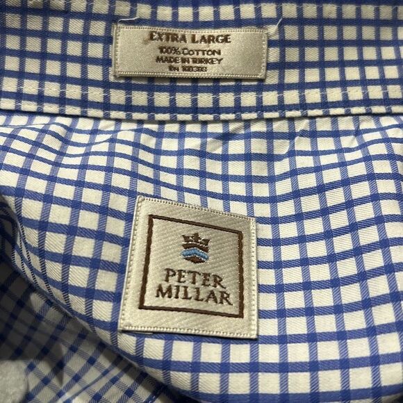 Peter Millar Mens Plaid Collared Long Sleeve Dress Shirt Blue White Size XL - Picture 6 of 6